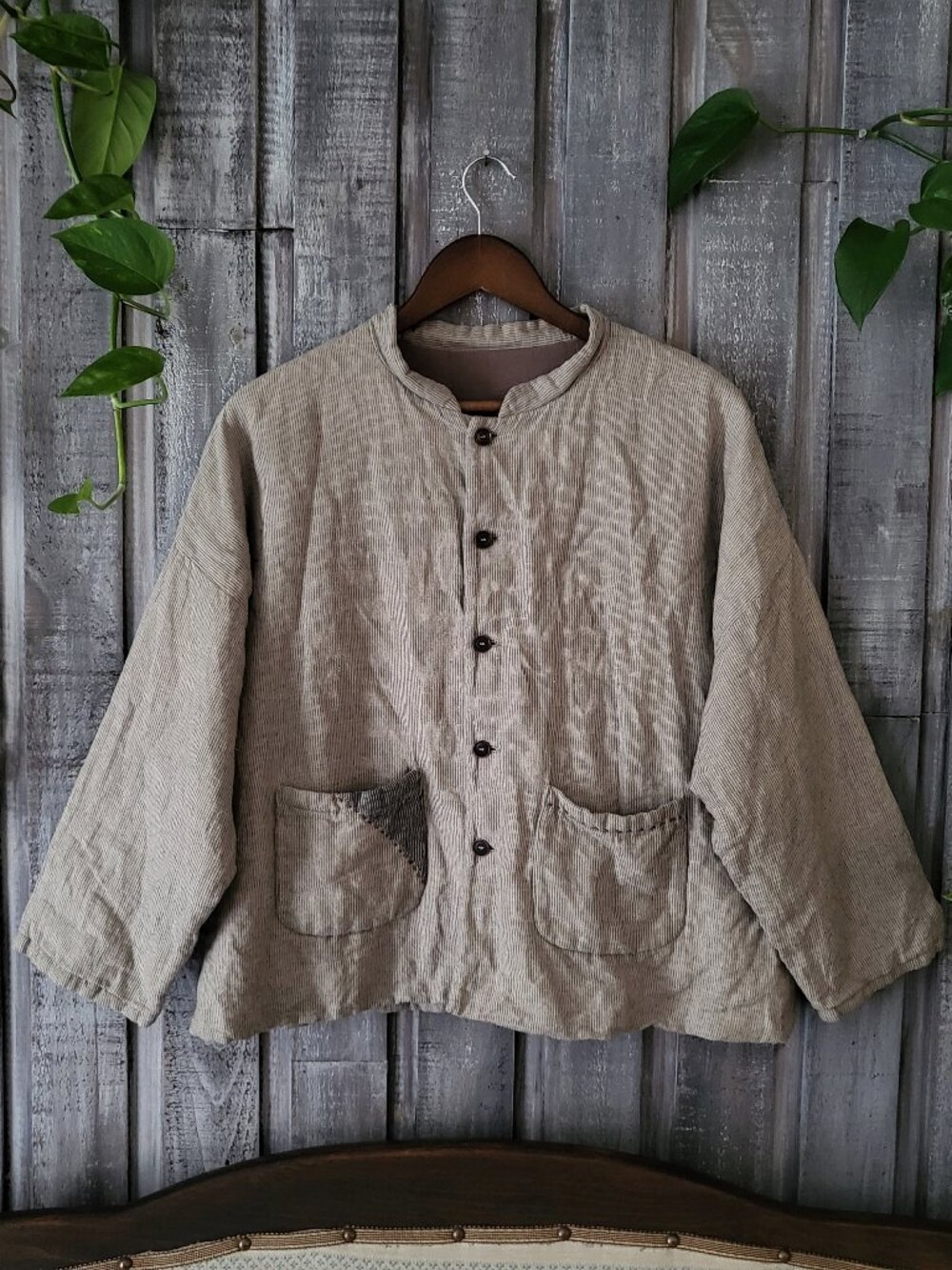Cotton Striped Jacket Linen Patchwork Pocket Loose Style Relaxed Box Raw Rustic